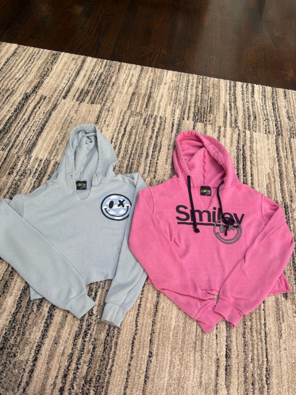 Girls size small (7/8) love Junkie Light Blue Smiley Hoodie and pink smiley hood